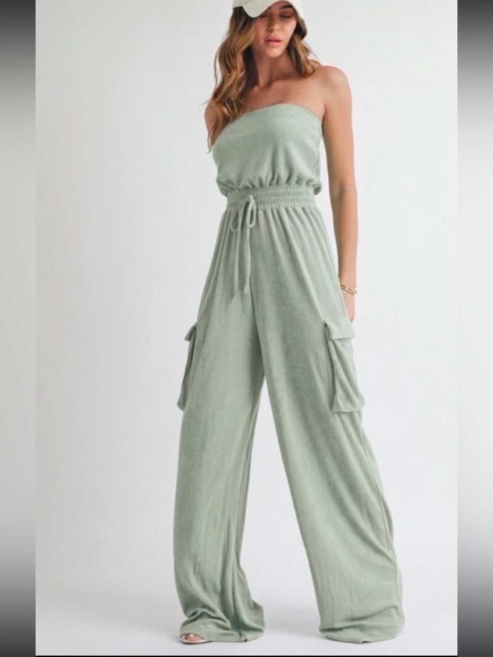 Strapless Wide-Leg Cargo Jumpsuit in Sage Green SML multiple